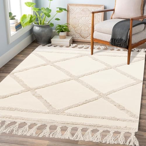 LINROMIA Tappeto Salotto 120x180, Boho Beige Tappeti in Cotone，Tappeto Tessuto a Mano con Frange, Tappeto Lavabile in Lavatrice per Cucina Soggiorno Camera Da Letto Ingresso Casa Corridoio