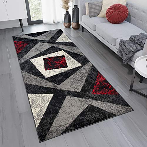 TAPISO Tappeto Passatoia DREAM Camera Corridoio Salotto Moderno Cucina Nero Rosso Motivo Geometrico A Quadretti Astratto 100 x 250 cm