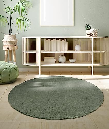 the carpet Relax Tappeto moderno a pelo corto, soggiorno, fondo antiscivolo, lavabile fino a 30 gradi, morbidissimo, aspetto pelliccia, Verde 2, 200 cm Rotondo