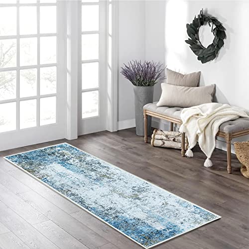 JURLEA Tappeto per corridoio Tappeto antiscivolo per corridoi cucina e soggiorno Non perde è lavabile e leggero (60 x 240 cm, Crema/Blu)