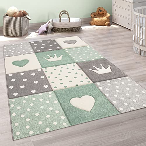 Paco Home Tappeto per bambini A quadri Cuori Corona Diversi colori e misure, Dimensione:200x290 cm, Colore:Verde