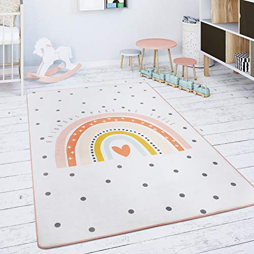 Paco Home Tappeto Bambini Cameretta Da Gioco Bebè Arcobaleno Cuore Crema Rosa, Dimensione:80x150 cm