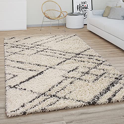 Paco Home Tappeto Salotto Pelo Lungo Shaggy Moderno Boho Scandinavo Motivo Diamante, Dimensione:120x170 cm, Colore:Crema Antracite 4