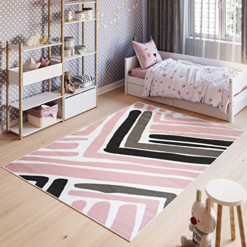 TAPISO Pimky Tappeto Gioco Bambini Pelo Corto Design Moderno Motivo Geometrico Astratto Zig-Zag Tonalità Rosa Nero Sicuro Oeko-Tex Morbido Cameretta Stanza Ragazzi Camera 140 x 200 cm