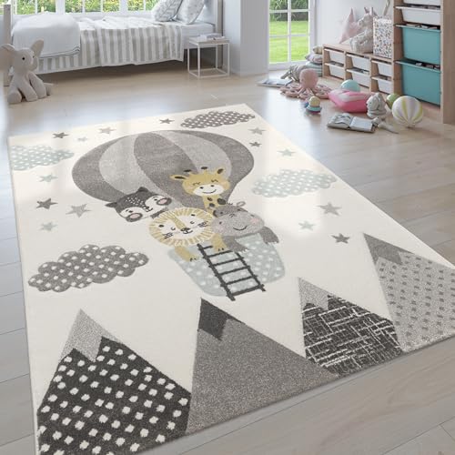 Paco Home Grazioso Tappeto per la Cameretta dei bambini Mongolfiera Nuvole Allegri Animali in Crema Pastello, Dimensione:200x290 cm