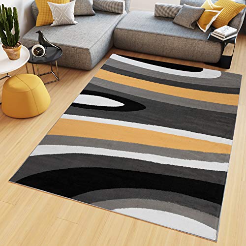 TAPISO Maya Tappeto Soggiorno Pelo Corto Design Moderno Motivo Astratto Ondato Onde Tonalità Giallo Grigio Camera da Letto Cameretta Ufficio Salotto Oeko-Tex 200 x 200 cm