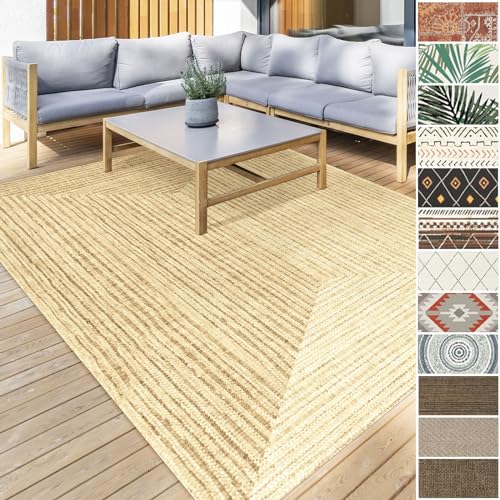 Floordirekt Tappeto esterno resistente alle intemperie e ai raggi UV, per terrazza, balcone o anche per cucina e soggiorno, robusto tessuto piatto, lavabile, a pelo corto, 160 x 230 cm, colore: beige