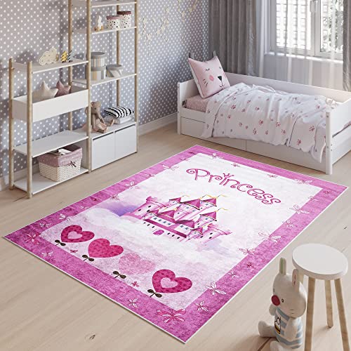 TAPISO Emma Tappeto Gioco Bambini Sala Giochi Cameretta Stanza Bambini Stampato Morbido Rosa Castello Principessa Antiscivolo Lavabile in Lavatrice 160 x 230 cm