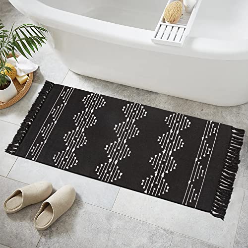 LINROMIA Tappeto Corridoio 60x150cm, Tappeti in Cotone Tappetino con Nappe Intrecciate a Mano Lavabile per Cucina Bagno Salotto Camera da Letto Entrata, Nero e Bianco