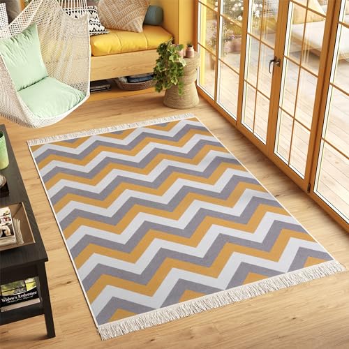 TAPISO Azteca Tappeto Cotone Salotto Double-Face Vintage con Nappe Intrecciate Pelo Corto Motivo Moderno Geometrico Zig-Zag Lavabile Multicolore Cucina Sala Bagno Oeko-Tex 80 x 150 cm