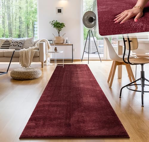 Paco Home Tappeto per Soggiorno Unicolore Lavabile Morbido Pelo Corto Morbido, Dimensione:80x300 cm, Colore:Rosso