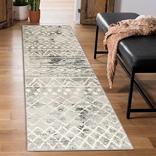 Carvapet Tappeti Runner Passatoia 60x210cm Antiscivolo Corridore Tappeto Lungo Tappeti di Zona Lavabile Morbido Microfibra Geometrico Tribale Tappeto(Grigio)