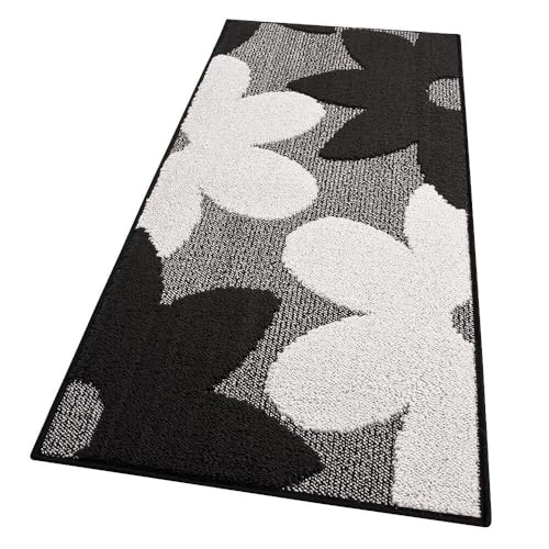 Emmevi Tappeto Cucina 3D Fiore Tridimensionale Morbido Bordato Moderno Passatoia Antiscivolo 57x180 Nero