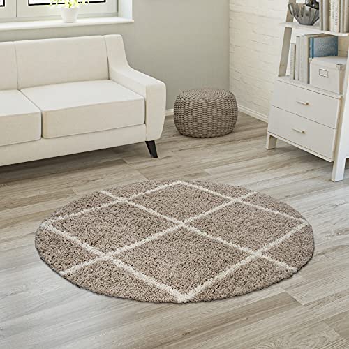 Paco Home Morbido tappeto a pelo lungo Shaggy per soggiorno in stile scandinavo con motivo a rombi, Dimensione:Ø 120 cm tondo, Colore:Beige