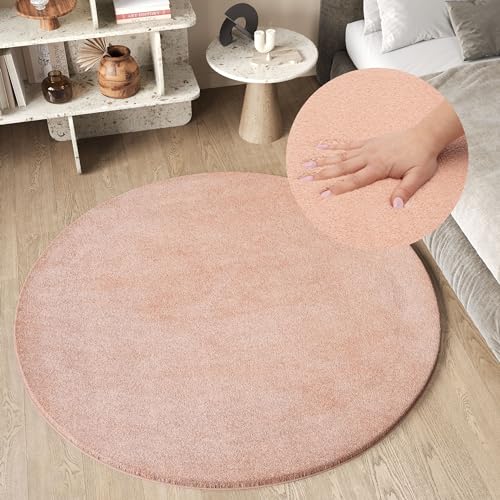 TAPISO Cuddle Tappeto Rotondo Soggiorno Antiscivolo Lavabile Morbido Pelo Lungo Shaggy Design Moderno Monocolore Tonalità Rosa Chiaro Tinta Unita Cameretta Sala OEKO-TEX 80 x 80 cm