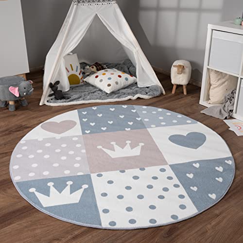 Paco Home Tappeto Bambini Cameretta Bambina Ragezzi Antiscivolo Arcobaleno Cuore Polkadot, Dimensione:Ø 120 cm tondo, Colore:Beige