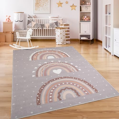 Paco Home Tappeto Bambini Cameretta Bambina Ragezzi Antiscivolo Arcobaleno Cuore Polkadot, Dimensione:80x150 cm, Colore:Grigio-Beige