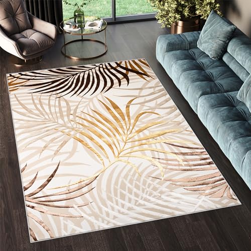 TAPISO Golden Tappeto Moderno Soggiorno Motivo Floreale Fiori Foglie Palma Tonalità Beige Oro Marrone Salotto Camera Sala Cameretta Ragazzi Ufficio Oeko-Tex 160 x 230 cm