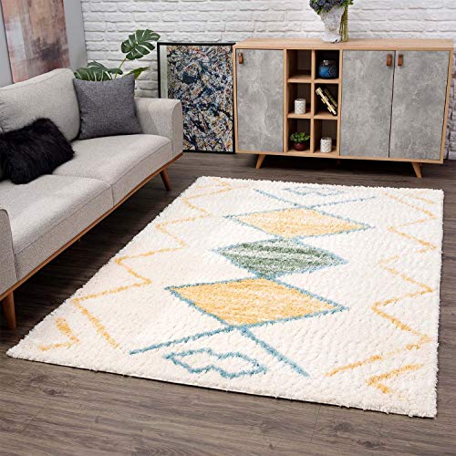 carpet city Tappeto Shaggy a pelo lungo – stile etnico, 80 x 300 cm, crema, giallo, verde – Tappeto moderno per il soggiorno