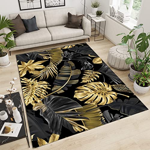 SANSJI Tappeto Salotto Moderno a Lusso Nero E Foglia Oro, Tappeti a Pelo Corto di Foglia Di Banana Tropicale, Passatoia di Resistente All’Usura per Pavimenti per Corridoi e Scale 180 x 240 cm