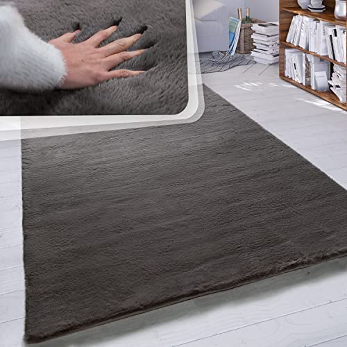 Paco Home Tappeto a pelo lungo per soggiorno in ecopelliccia ultrasoffice tinta unita in diversi colori e misure, Dimensione:Ø 120 cm tondo, Colore:Grigio Scuro