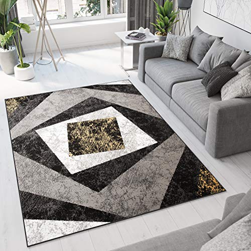 TAPISO Dream Tappeto Soggiorno Salotto Moderno Nero Grigio Giallo Geometrico Quadrato A Pelo Corto 250 x 350 cm