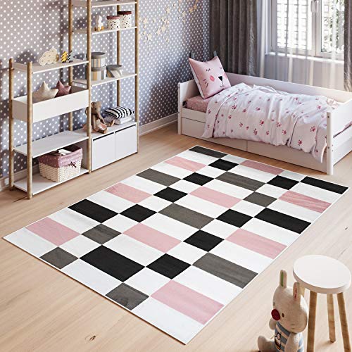 TAPISO Pimky Tappeto Gioco Bambini Pelo Corto Design Moderno Motivo Geometrico Astratto Rettangoli Bianco Rosa Grigio Sicuro Oeko-Tex Morbido Cameretta Stanza Ragazzi Camera 80 x 150 cm