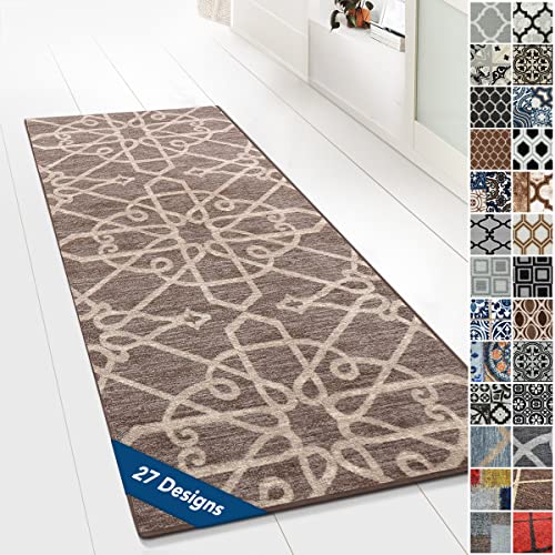 Floordirekt Tappeto passatoia con motivo, passatoia per cucina, corridoio e soggiorno, ornamento vintage a griglia orientale (80 x 400 cm, marrone navelli)