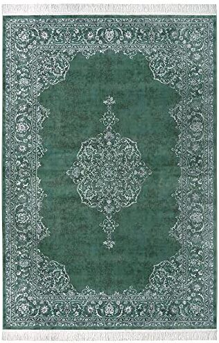 Nouristan Tappeto orientale in velluto con frange orientale vintage Medagillon (160 x 230 cm, 60% viscosa, 40% cotone, adatto al riscaldamento a pavimento, resistente e facile da pulire, colore: verde