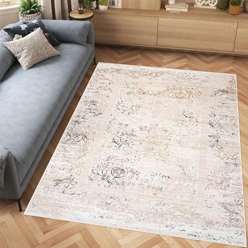 TAPISO Hera Tappeto Morbido Pelo Lucido Effetto 3D Design Moderno Motivo Astratto Floreale Sfumato Crema Beige Grigio Soggiorno Sala Camera Cameretta Sicuro OEKO-TEX 140 x 200 cm