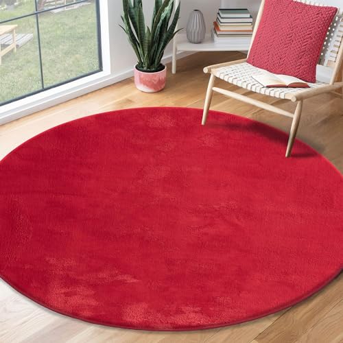 the carpet Relax Tappeto moderno a pelo corto, soggiorno, fondo antiscivolo, lavabile fino a 30 gradi, morbidissimo, aspetto pelliccia, Rosso, 160 cm Rotondo