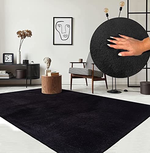 the carpet Relax Tappeto moderno a pelo corto, soggiorno, fondo antiscivolo, lavabile fino a 30 gradi, morbidissimo, aspetto pelliccia, Nero, 240 x 340 cm