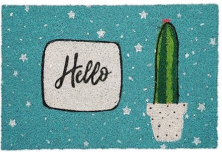 Relaxdays Zerbino in Fibra di Cocco, 60 x 40 cm, Hello con Cactus, Tappeto Interni Esterni Antiscivolo, Colorato, 80% 20% plastica