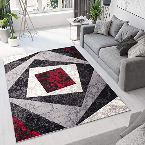 TAPISO Dream Tappeto Soggiorno Salotto Moderno Grigio Rosso Geometrico Quadrato A Pelo Corto 80 x 150 cm