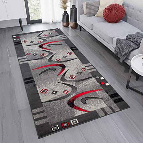 TAPISO Tappeto Passatoia DREAM Camera Corridoio Salotto Moderno Cucina Colore Grigio Scuro Rosso Motivo Astratto Geometrico 120 x 300 cm