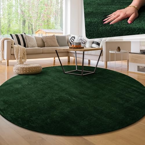 Paco Home Tappeto per Soggiorno Unicolore Lavabile Morbido Pelo Corto Morbido, Dimensione:Ø 120 cm Tondo, Colore:Verde