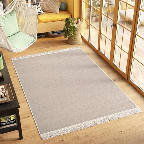 TAPISO Azteca Tappeto Cotone Salotto Double-Face Vintage con Nappe Intrecciate Pelo Corto Motivo Moderno Monocromatico Lavabile Beige Cucina Sala Bagno Oeko-Tex 60 x 110 cm