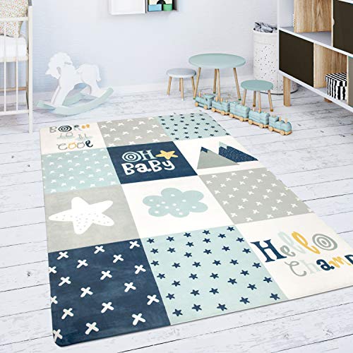 Paco Home Tappeto Bambini Cameretta Da Gioco Bebè Diamanti Stelle Grigio Blu Bianco, Dimensione:155x230 cm