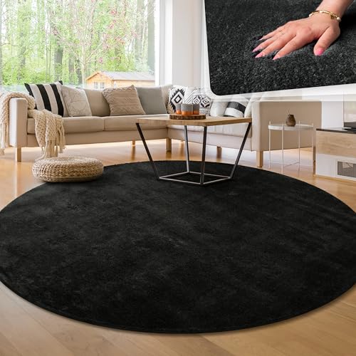 Paco Home Tappeto per Soggiorno Unicolore Lavabile Morbido Pelo Corto Morbido, Dimensione:Ø 160 cm Tondo, Colore:Nero