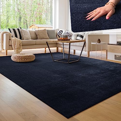 Paco Home Tappeto per soggiorno Unicolore Lavabile Morbido pelo corto morbido, Dimensione:200 cm quadrato, Colore:Navy-Blu