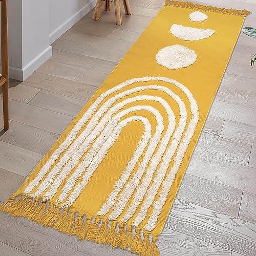 LINROMIA Tappeto Corridoio Lungo 60x180 cm, Boho Giallo Arcobaleno Tappeti in Cotone, Tappeto Tessuto a Mano con Frange, Tappeto Lavabile in Lavatrice per Cucina Salotto Bagno Camera Da Letto