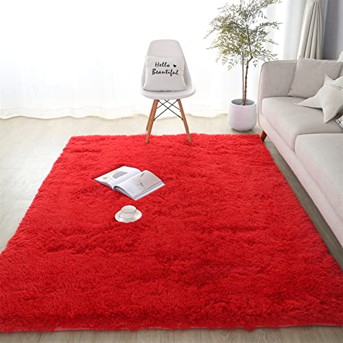 SUBEEN tappeto soggiorno, moquette camera da letto Soggiorno moderno tappeto Shaggy tappeto soggiorno Grande tappeto antiscivolo Camera da letto dei bambini (120x160cm, rosso)