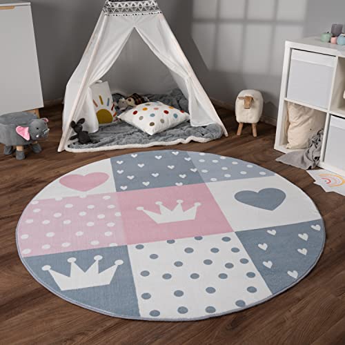 Paco Home Tappeto Bambini Cameretta Bambina Ragezzi Antiscivolo Arcobaleno Cuore Polkadot, Dimensione:Ø 120 cm Tondo, Colore: Crema Rosa Grigio