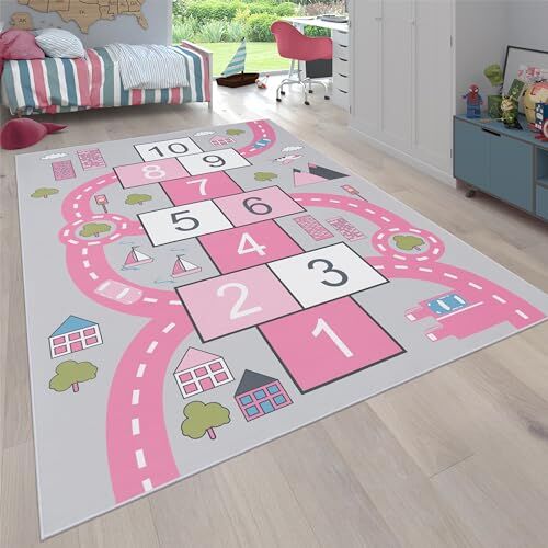 Paco Home Tappeto per la camera dei bambini, tappeto da gioco, design di strade, gioco della Campana, rosa, Dimensione:80x150 cm