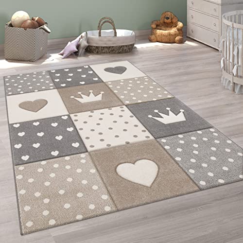 Paco Home Tappeto per bambini A quadri Cuori Corona Diversi colori e misure, Dimensione:80x150 cm, Colore:Beige