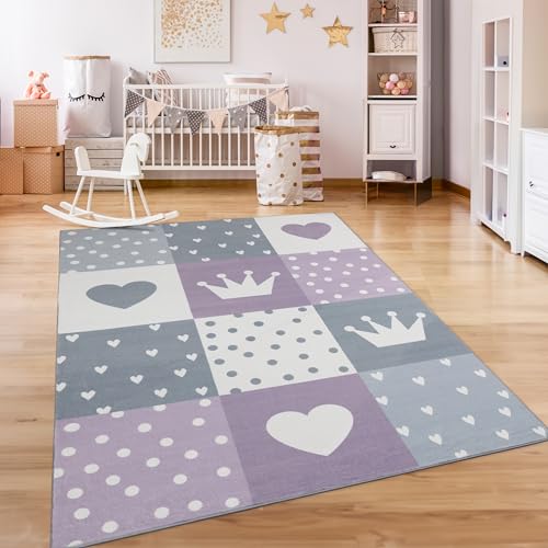 Paco Home Tappeto Bambini Cameretta Bambina Ragezzi Antiscivolo Arcobaleno Cuore Polkadot, Dimensione:240x340 cm, Colore:Viola