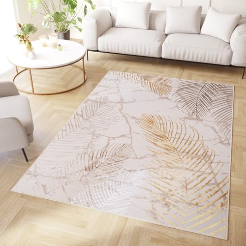 TAPISO Crystal Tappeto Pelo Corto Lucido Effetto 3D Design Moderno Motivo Floreale Foglie Tonalità Oro Marrone Crema Beige Bianco Soggiorno Camera Cameretta OEKO-TEX 160 x 220 cm