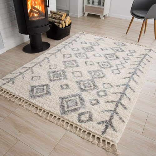 TAPISO Versay Fringes Tappeto Soggiorno Frange Pelo Lungo Shaggy Degign Moderno Motivo Boho Etnico Astratto Crema Grigio Salotto Camera Scendiletto Cameretta Oeko-Tex 120 x 170 cm