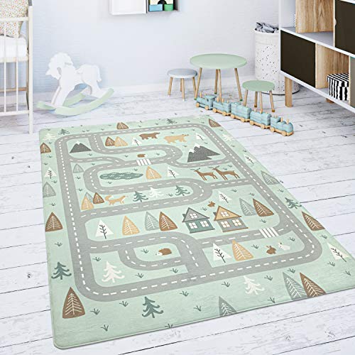 Paco Home Tappeto Bambini Cameretta Da Gioco Bebè Strada Orso Alce Alberi Verde Grigio, Dimensione:Ø 120 cm tondo