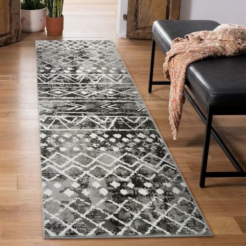 Carvapet Tappeti Runner Passatoia 60x210cm Antiscivolo Corridore Tappeto Lungo Tappeti di Zona Lavabile Morbido Microfibra Geometrico Tribale Tappeto(Nero)